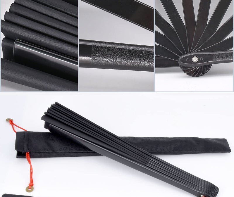 HONSHEN Folding Fan Black Large Hand Fan Chinese Kung Fu Tai Chi Hand Held ABS Plastic-Nylon Folding Fans for Men with a Fabric Case for Protection 13inch - Image 3